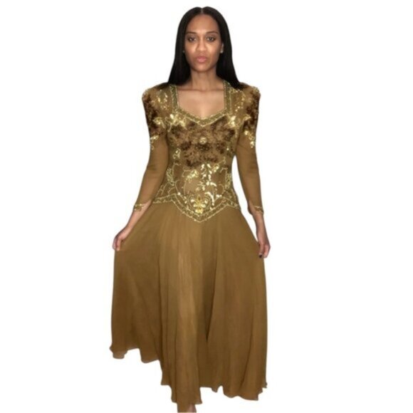 Isabella Vintage Silk Golden Sequin Beaded Embellished Evening Gown - Picture 2 of 16